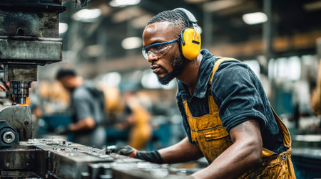 A dedicated factory worker wearing protective gear operates machinery with concentration in a bustling industrial setting during the day.の素材