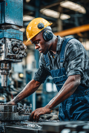 A focused worker in a factory setting is engaged in operating a large machine. He wears a helmet and protective gear as he performs his tasks.の素材