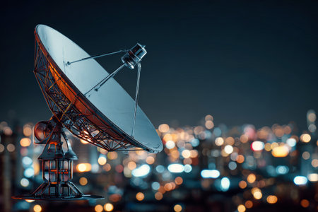 A satellite dish stands prominently at night, capturing signals while the city lights create a vibrant backdrop.の素材