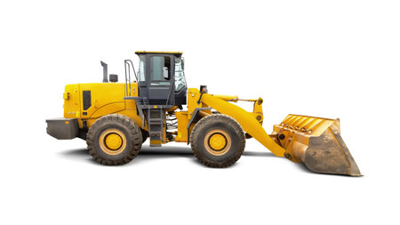 Yellow construction loader stands alone on a white background, highlighting its powerful design and...