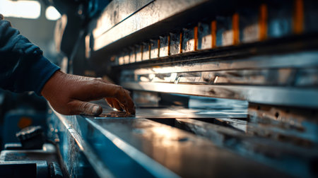A skilled worker uses a bending machine to manipulate metal sheets in a busy workshop, showing precision and craftsmanship in the process.の素材