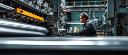 A skilled worker focuses on the bending machine in a busy industrial workshop. Metal sheets are being shaped for future manufacturing processes.の素材