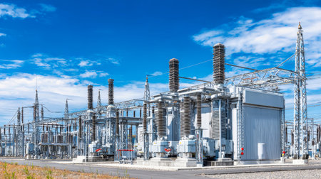 Heavy machinery and high voltage transformers stand tall in an electrical substation, surrounded by clear skies and a productive atmosphere during daytime.の素材
