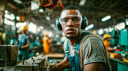 A dedicated worker in a factory wears protective glasses and ear muffs while operating machinery. The environment is bustling with other workers engaged in tasks.の素材