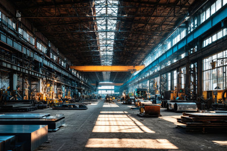 Workers are present in a spacious industrial warehouse filled with machinery and equipment, illuminated by shafts of sunlight filtering through windows.の素材
