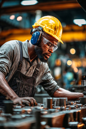 A factory worker in safety goggles and a hard hat is operating machinery with precision. The scene is filled with equipment and warm lighting.の素材