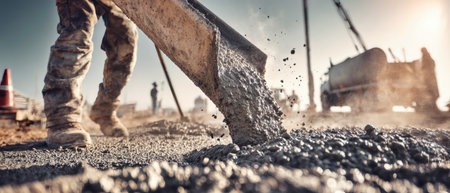 Workers pour fresh concrete onto a construction surface as sunlight creates a warm glow. The scene features active machinery and clear determination.の素材
