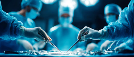 A skilled surgical team is focused on a delicate procedure in a state-of-the-art operating room, using precision instruments and bright lighting.の素材
