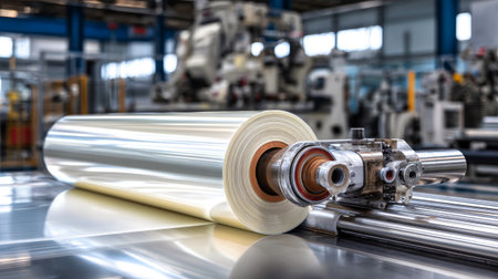 A large roll of transparent film is positioned on industrial machinery in a busy manufacturing facility, highlighting advanced production processes.の素材