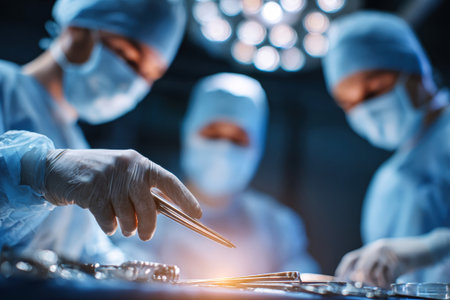 Surgeons focus on their tasks while working together in a surgical procedure, using specialized tools and equipment in a sterile environment.の素材