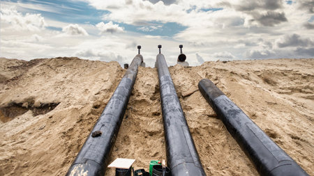 Large black pipes are laid out on a sandy construction site with equipment visible nearby, surrounded by a cloudy sky during daylight hours.の写真素材