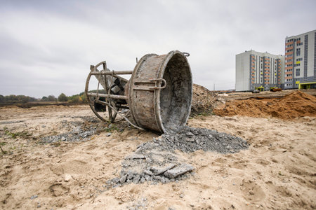 A cement mixer lies on the ground, pouring concrete at a construction site surrounded by new apartment buildings under a cloudy sky.の写真素材