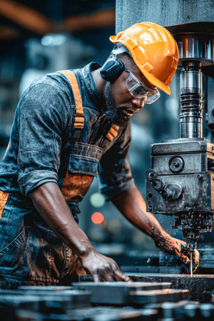 A skilled worker is focused on operating a machine, shaping metal parts in a factory. The setting is busy, indicating a productive work environment.の素材