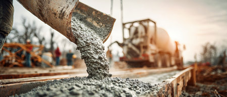 Workers are pouring concrete on a construction site in the afternoon. Heavy machinery is operating nearby, and the area is filled with materials and activity.の素材