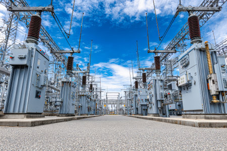 Workers maintain electrical equipment in a busy substation surrounded by power lines and clear skies, ensuring efficient energy distribution.の素材