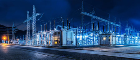 A well-lit electrical substation at night reveals advanced power equipment and transmission lines, highlighting the vital role of electricity in modern life.の素材
