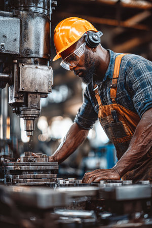 In a bustling factory, a worker with safety gear operates a machine, concentrating on his task. The workspace is filled with tools and equipment.の素材
