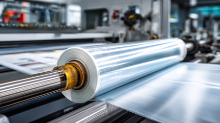 A close-up view of a machine rolling transparent plastic film in a factory. The process showcases advanced technology in film production.の素材