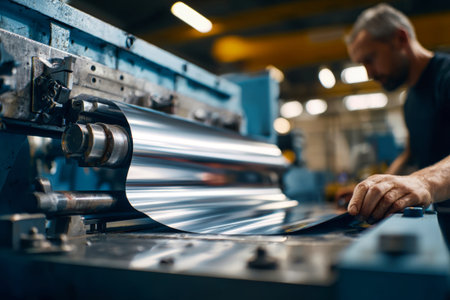 A factory worker focuses on shaping metal sheets using a bending machine, showcasing precision and skill in a well-lit industrial environment.の素材