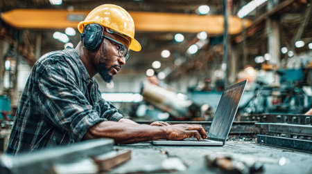 A worker in a hard hat and headphones analyzes production data on a laptop in a busy factory setting during the day shift, focusing on his task.の素材