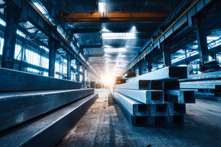 Steel beams are neatly stacked in a spacious warehouse. Sunlight streams through the large windows, casting a warm glow on the metal surfaces.の素材