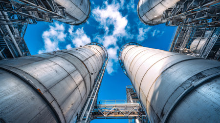 Tall factory chimneys stretch towards the blue sky, surrounded by metal structures and clouds, capturing a bright industrial atmosphere.の素材