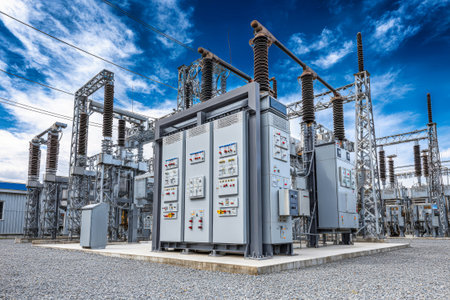 An electrical substation features high voltage transformers and control panels located in a gravel area, illuminated by bright natural light.の素材