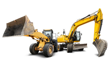 An excavator and a powerful wheel loader stand side by side, showing their powerful features against...