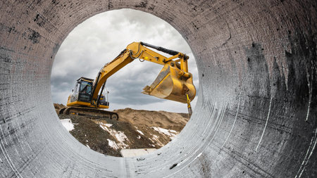 Heavy construction equipment is operating at a worksite, seen through the round opening of a pipe,...