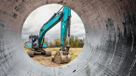 Through the circular opening of a pipe, a construction excavator works diligently at the site under...