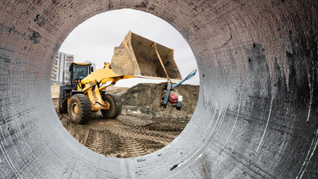 A unique perspective from within a pipe reveals a construction site bustling with heavy machinery as...