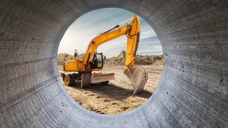 Heavy construction equipment operates at a building site, seen through a large pipe. The sun shines brightly, casting a warm glow over the busy scene of progress. Loader, excavatorの写真素材