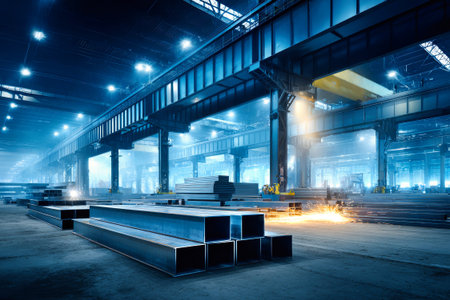 Workers are busy in a large steel factory, handling beams and equipment while sparks fly, creating a vibrant atmosphere at night.の素材
