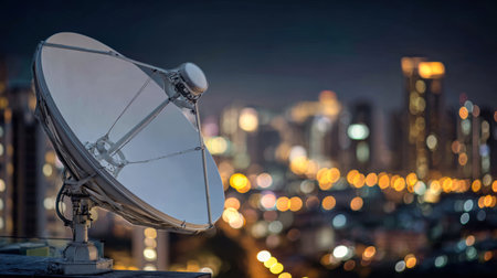 A large satellite dish is positioned on a building rooftop, gathering signals while the city lights sparkle in the night sky.の素材