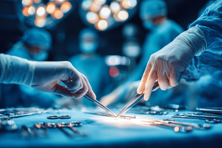 Skilled medical professionals conduct a surgical procedure, focused on their tasks with various surgical tools arranged nearby under bright lights.の素材