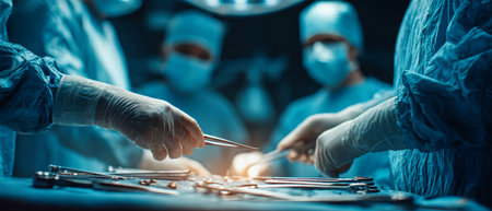 Surgeons and medical staff work together to conduct a surgical procedure in an operating room with bright lights and advanced equipment.の素材