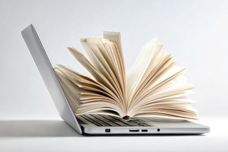 A laptop stands open with a large, open book cascading out of it, symbolizing the fusion of digital and traditional reading at home or in a study.の素材