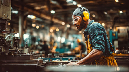A factory worker concentrates on machining tasks while wearing safety gear. The workshop is bustling with equipment and machinery in action.の素材