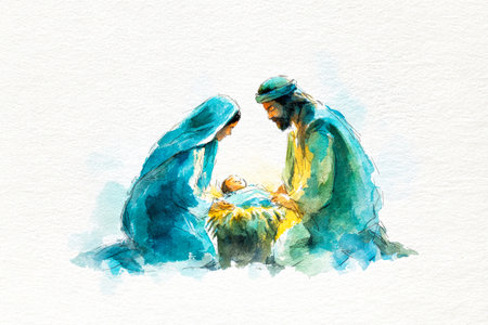 In a peaceful setting, Mary and Joseph lovingly gaze at baby Jesus nestled in a manger, surrounded by soft hues of blue, green, and yellow reflecting joy and tenderness.の素材