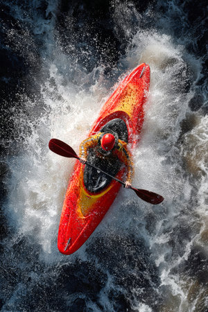Bright red kayak races through frothy waves as an adventurous paddler expertly maneuvers the rapids under the warm sun in summer.の素材