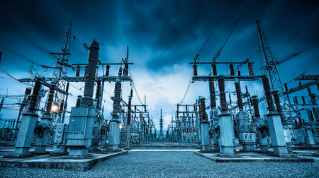 An electrical substation features tall towers and power equipment standing against an evening sky. The scene captures the intensity of energy infrastructure.の素材