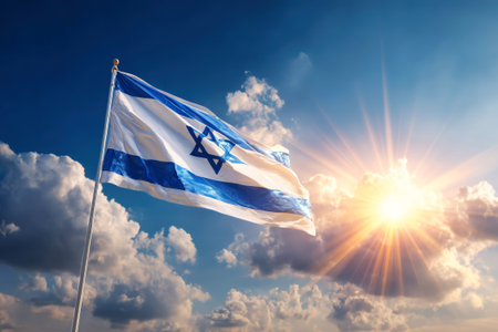 An Israeli flag flutters proudly in the breeze, illuminated by the warm rays of the sun as it rises over a beautiful morning sky filled with clouds.の素材