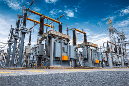 A busy electrical substation features transformers, circuit breakers, and power lines under a clear blue sky. Equipment is arranged for efficient power distribution.の素材
