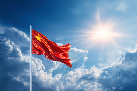 Waving gracefully in the wind, the Chinese flag stands tall under the radiant sun, framed by soft, billowing clouds on a clear afternoon.の素材