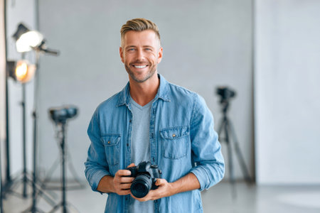 Brightly lit photography studio features a smiling photographer holding his camera, surrounded by equipment, eager to create beautiful images and memories.の素材