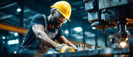 A worker in safety gear is engaging with machinery inside a factory. Bright lights illuminate the area as the worker concentrates on their task.の素材