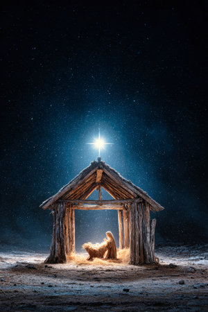A brilliant star shines over a rustic wooden manger, casting a soft blue glow on the baby Jesus and creating a peaceful Christmas Eve scene with falling snow.の素材