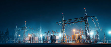 An electrical substation is brightly lit at night, showcasing tall towers and transformers. The setting has a modern, industrial look with glowing lights.の素材