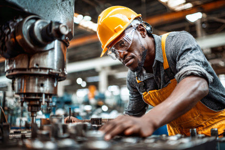 A factory worker wearing a hard hat and goggles operates heavy machinery, concentrating on tasks in a busy industrial environment during the day.の素材
