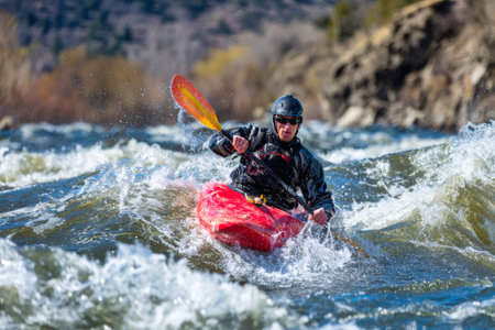 A kayaker navigates through choppy waters on a sunny day, showcasing skill and determination amid a backdrop of rocky riverbanks and greenery.の素材